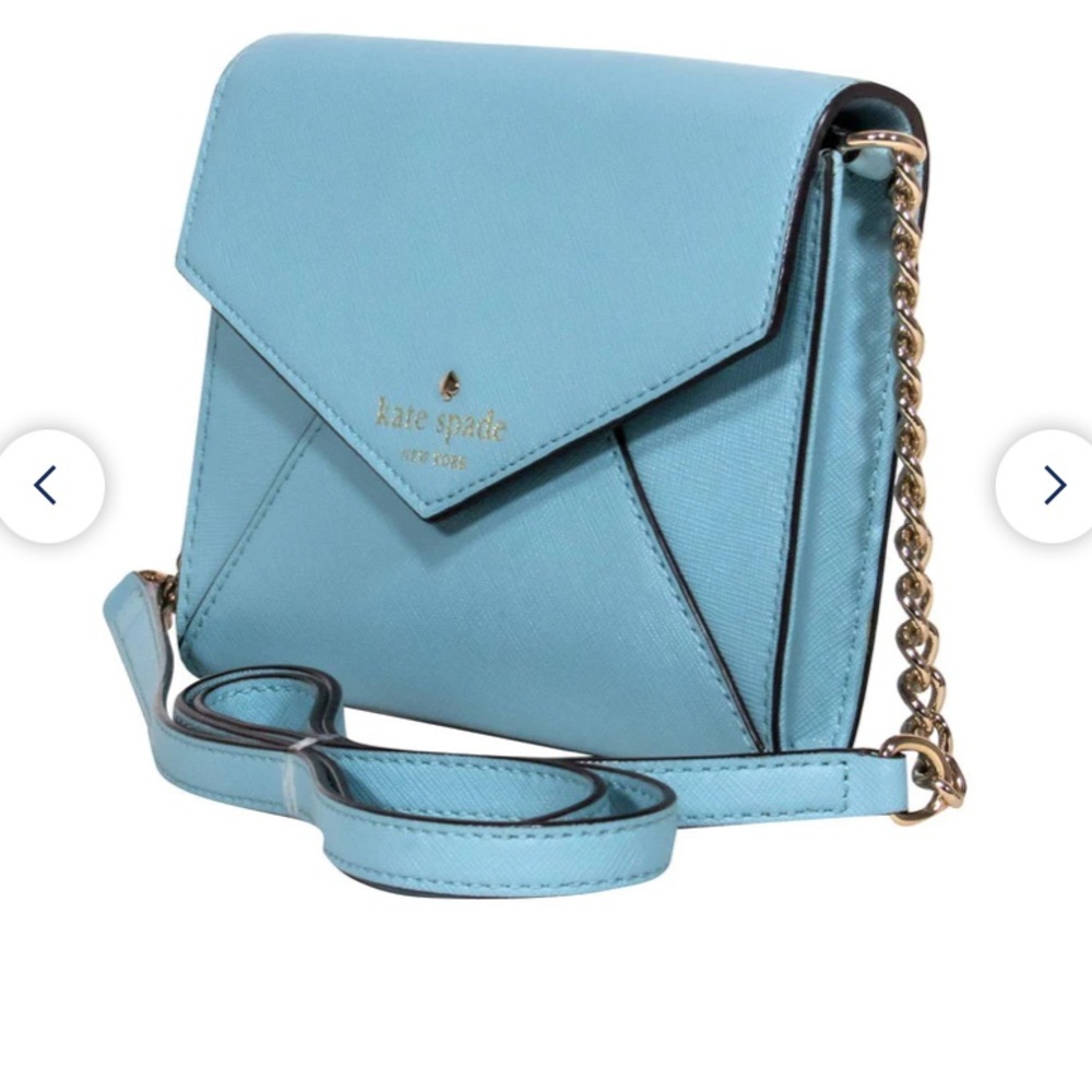 Kate Spade powder blue envelope wallet purse with matching blue/gold chain